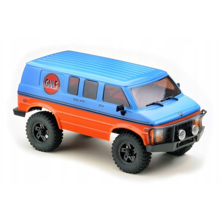 Absima Crawler EVO 1:18 Rock Van V2 RC lánctalpas autó (18028V2, 8UU0BG25EGRM), 4WD, 2 sebességes sebességváltó acél fogaskerekekkel, 100T/130 oversize kefés motor, fém alváz, kék/narancs, 284 mm, LiPo 7.4V 600mAh