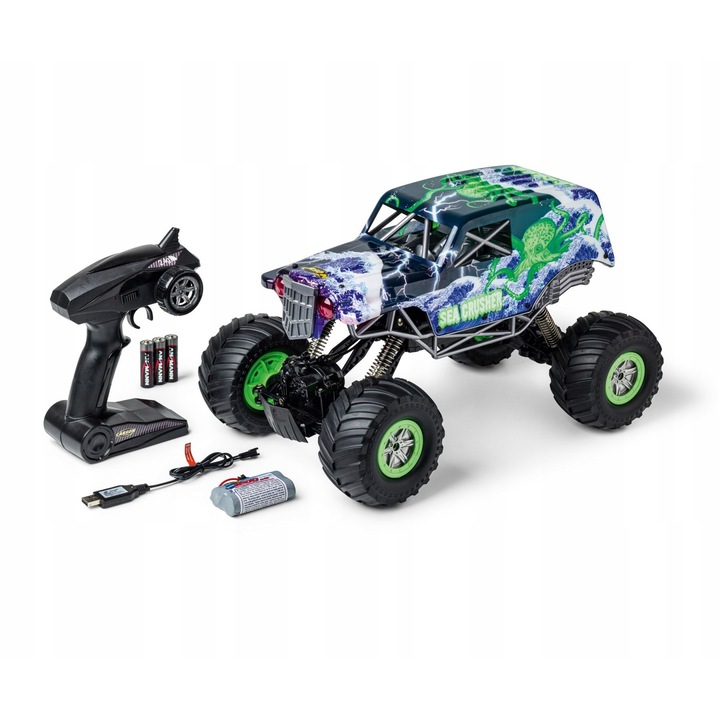 Офроуд RC кола Carson Sea Crusher 404283 (WCRDPE4HJK) RTR, 1:10, 4WD, 2.4 GHz управление, Li‑Ion батерия 7.4V/1200 mAh, до 20 мин, може да плува, преден LED, зелен, 403 мм