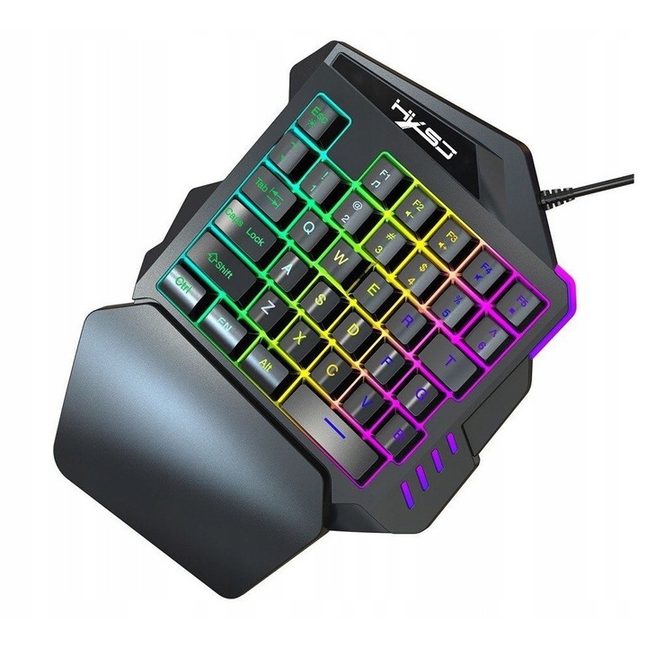 Геймърска клавиатура HXSJ V100 (R8XYHT689DU), 35 клавиша, RGB LED осветление, USB 2.0, ергономична за една ръка, черна, кабел 1,5 м