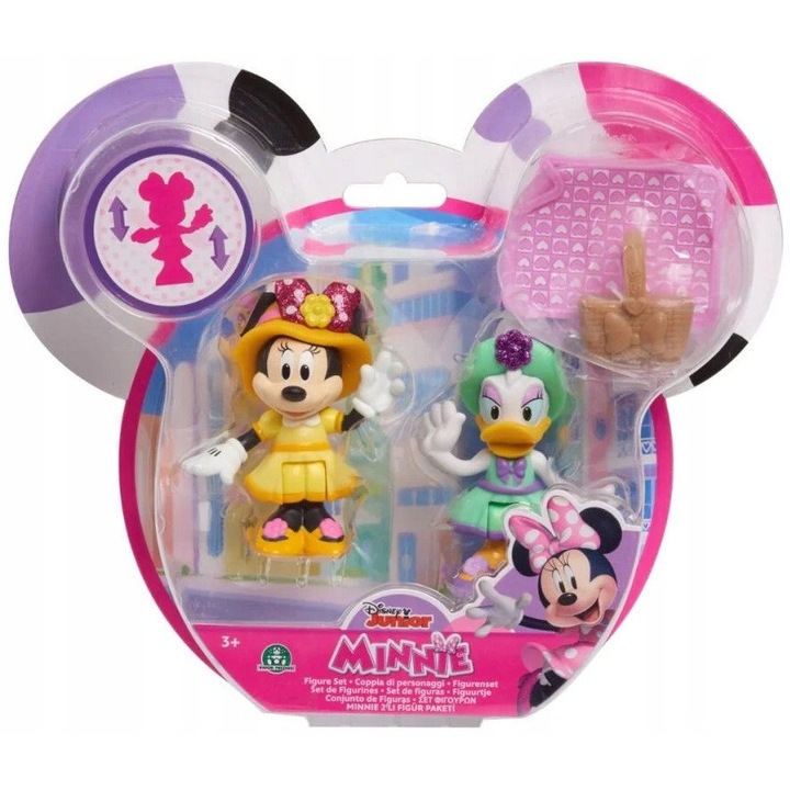 Set de 2 figurine Just Play Disney Junior Picnic Play F1TOF544, Minnie Mouse si Daisy Duck, cu articulatii si accesorii (cos si patura de picnic), multicolor, 7 cm