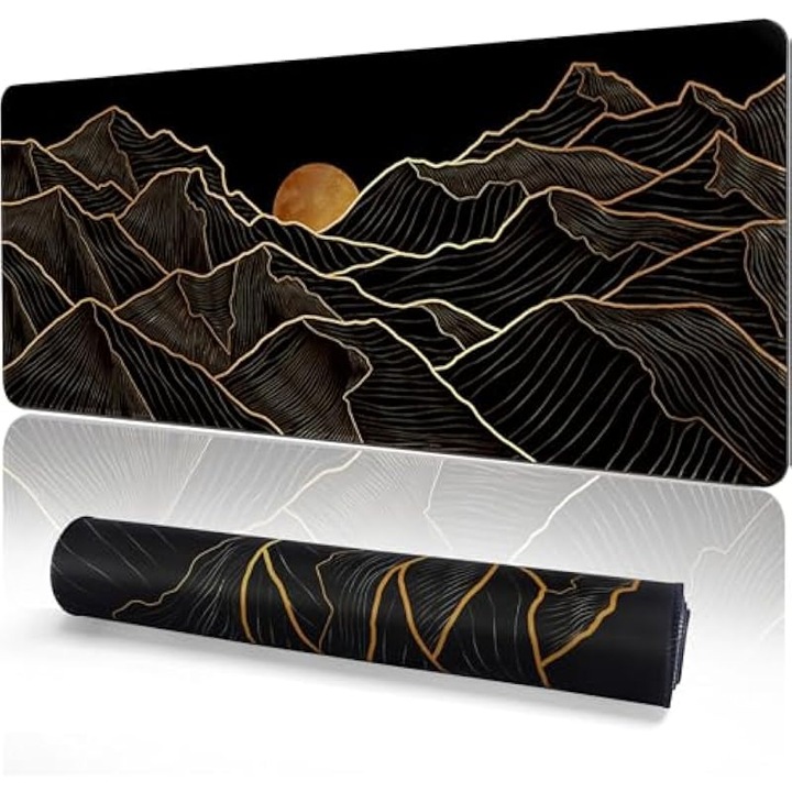Mouse pad K0575-KP-2600806-032-AMC, XXL 90 x 40 cm, 3 mm, baza din cauciuc antiderapant, margini cusute, suprafata impermeabila, negru/auriu