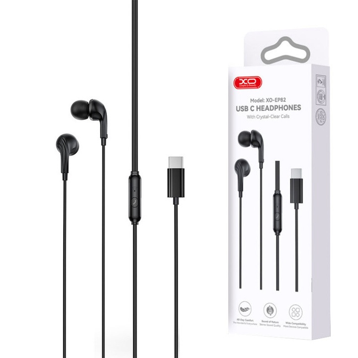 Casti cu Fir Type-C XO-EP82, Compatibile iPhone 15/16/17 si Android, Microfon, Negru