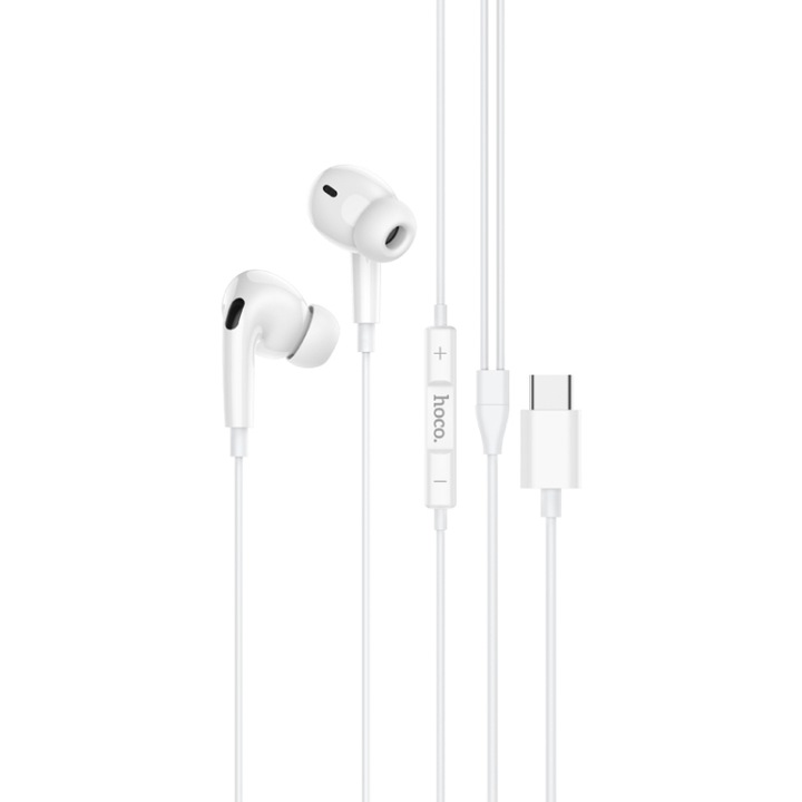 Casti cu Fir Type-C Hoco M101 Pro, Compatibile iPhone 15/16/17 si Android, Cablu 1.2M, Microfon, Alb