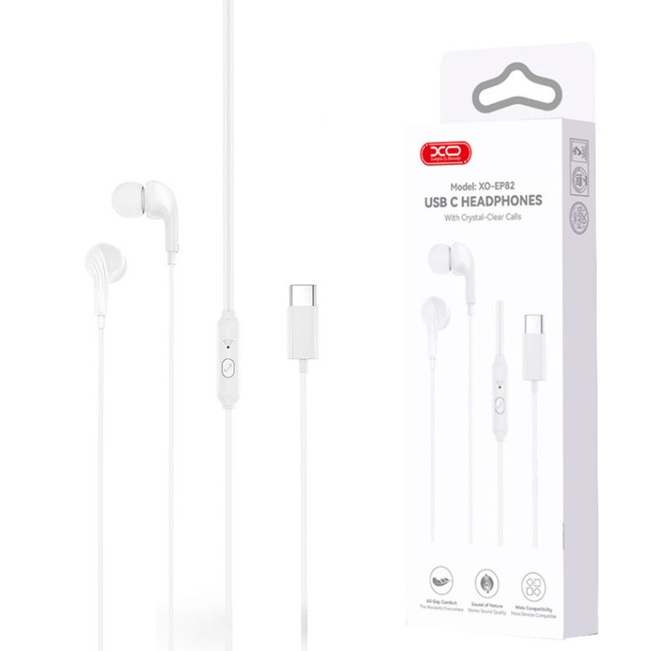 Casti cu Fir Type-C XO-EP82, Compatibile iPhone 15/16/17 si Android, Microfon, Alb