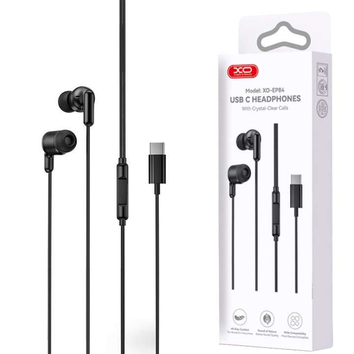 Casti cu Fir Type-C XO-EP84, Compatibile iPhone 15/16/17 si Android, Microfon, Negru