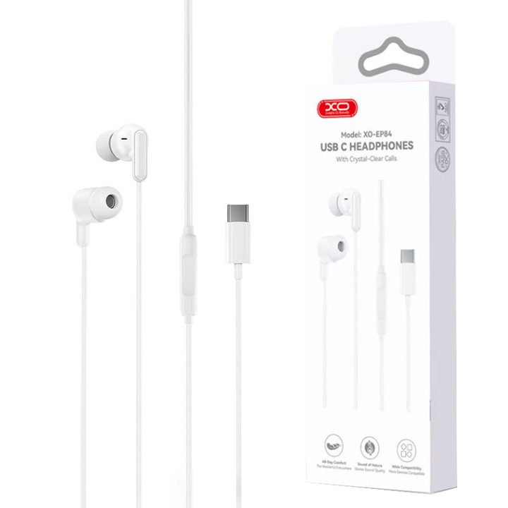 Casti cu Fir Type-C XO-EP84, Compatibile iPhone 15/16/17 si Android, Microfon, Alb