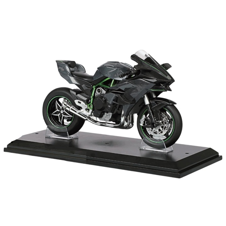 Huayi Kawasaki Ninja H2R 1/12 motorkerékpár modell, fém/műanyag/gumi, fényekkel és hangokkal, szürke/zöld/fekete, ZXZ5CZ6K