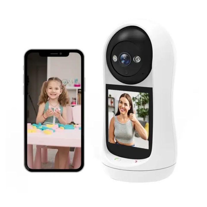 Смарт камера за наблюдение FRU-CJK0424-260721-1357, 3MP, двупосочно видео повикване с 2,8 инчов екран, детекция на движение, USB захранване, plug-and-play, бяла, 17.5 x 8.5 cm