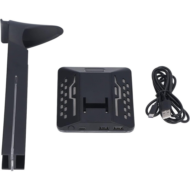 K0323-0720-CJ16929 fejhallgató tartó, RGB világítással, 2 USB 2.0 porttal és USB-C porttal, telefon/tablet tartóval, Fekete