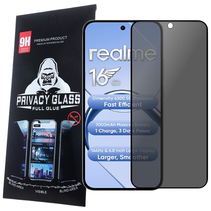 Realme 16 5G kompatibilis üvegfólia – teljes képernyős, edzett, fekete keretes, betekintésgátló