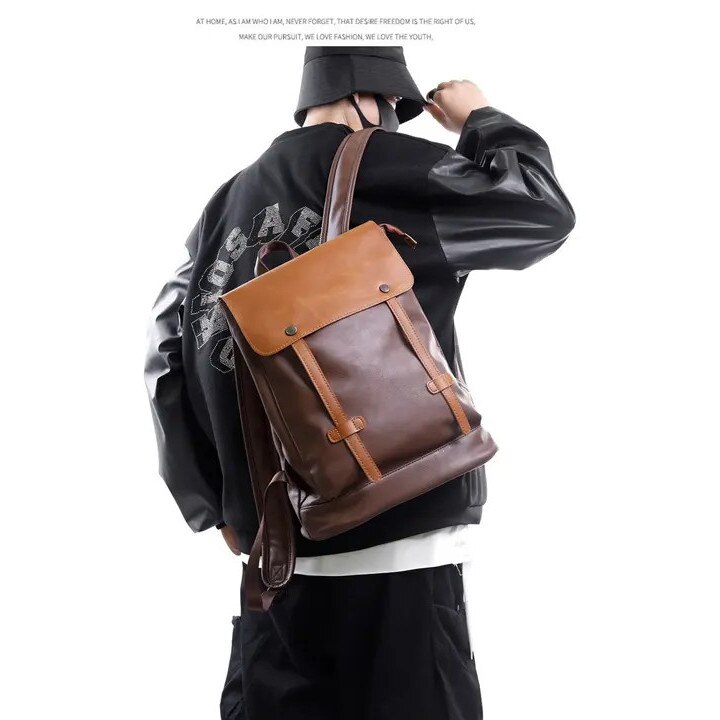 Rucsac laptop in panza rezistenta si piele Crazy Horse, compartiment pentru laptop si A4, inchidere cu capse magnetice, IZO-CJ-K0502-2026-0721-656, maro, 39 x 32 x 12 cm