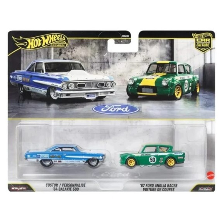 Autómodellek 2-csomag: Ford Anglia Racer (új díszítés) 1967 és Custom 1964 Galaxie (CF) 1:64 Hot Wheels