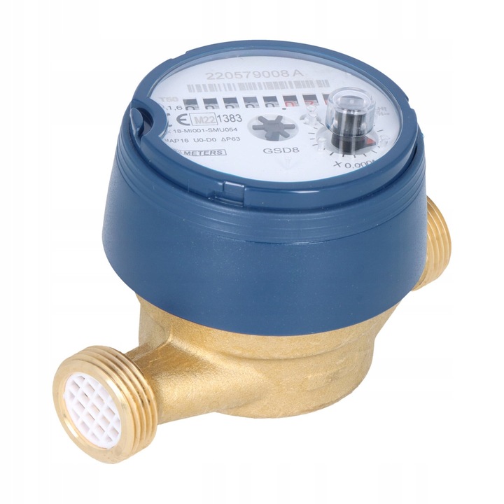 BMeters GSD8-RFM vízmérő, DN15 (1/2"), Q3 1,6 m3/h, hidegvízhez, száraz mechanizmussal és egy sugaras, PN16, R100/R50 osztály, kék/sárgaréz