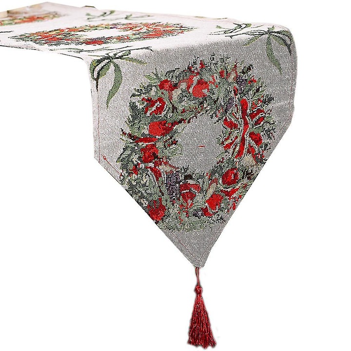 Karácsonyi asztali futó ANCJ-FU-K0384-260725-3135 modell, jacquard girlandával és bojtos díszítéssel, többszínű