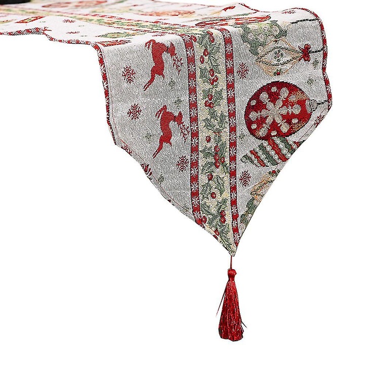 ANCJ-FU-K0384-260725-3130 asztali futó, jacquard karácsonyi mintákkal és rojtokkal, többszínű