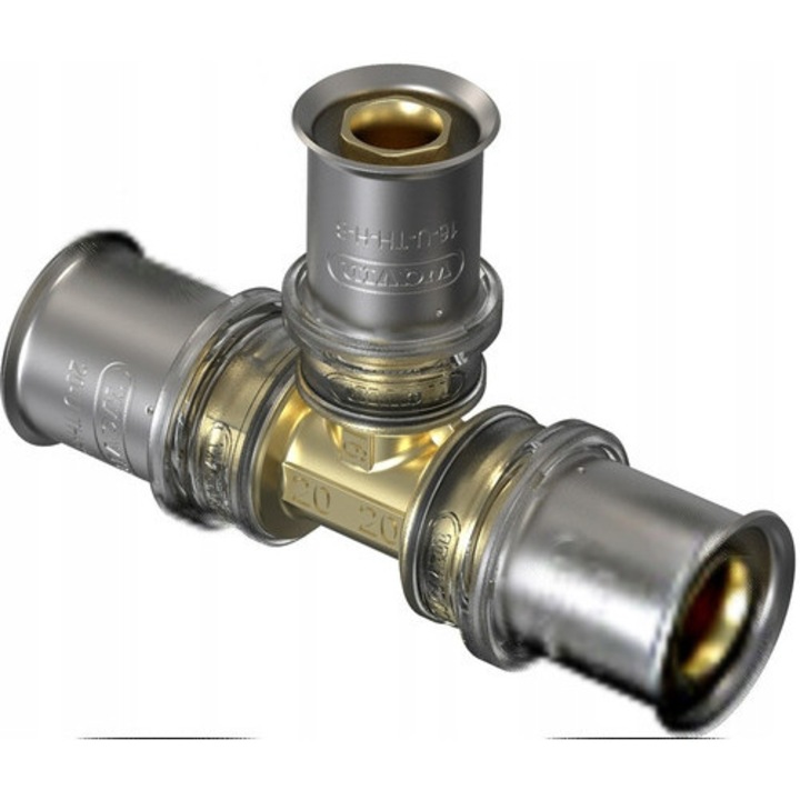 Wavin Tigris M5 WZ6C7W4L szűkítő T-idom, 25 x 20 x 25 mm présfitting, sárgaréz ezüst hüvelyekkel, EPDM tömítés, 10 bar, 90°