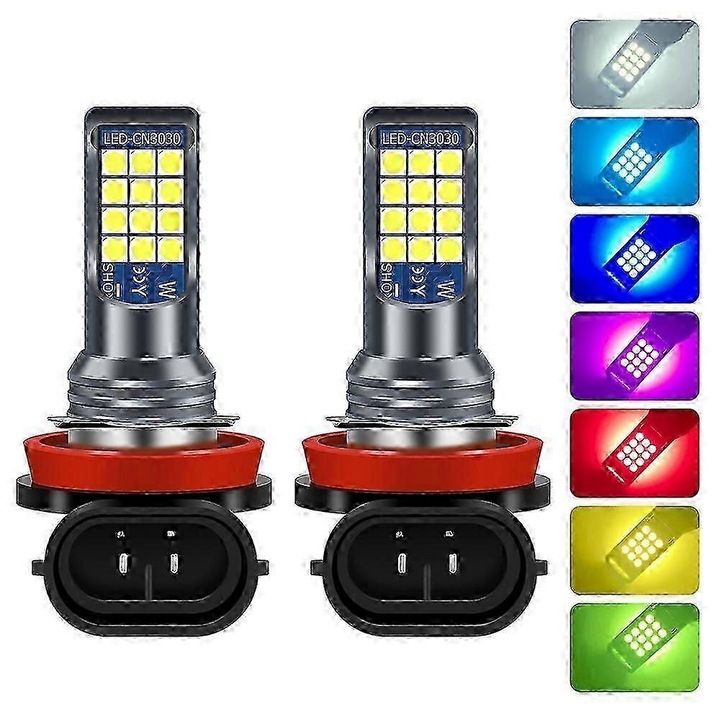 LED крушка H11/H8/H9/H16/HB3/HB4/9005/9006 (ANCJ-FU-K0384-260725-4489), 2400 LM, 8W, 12V, 3030-24SMD, IP68, за фарове за мъгла и DRL, многоцветна, комплект 2 бр.