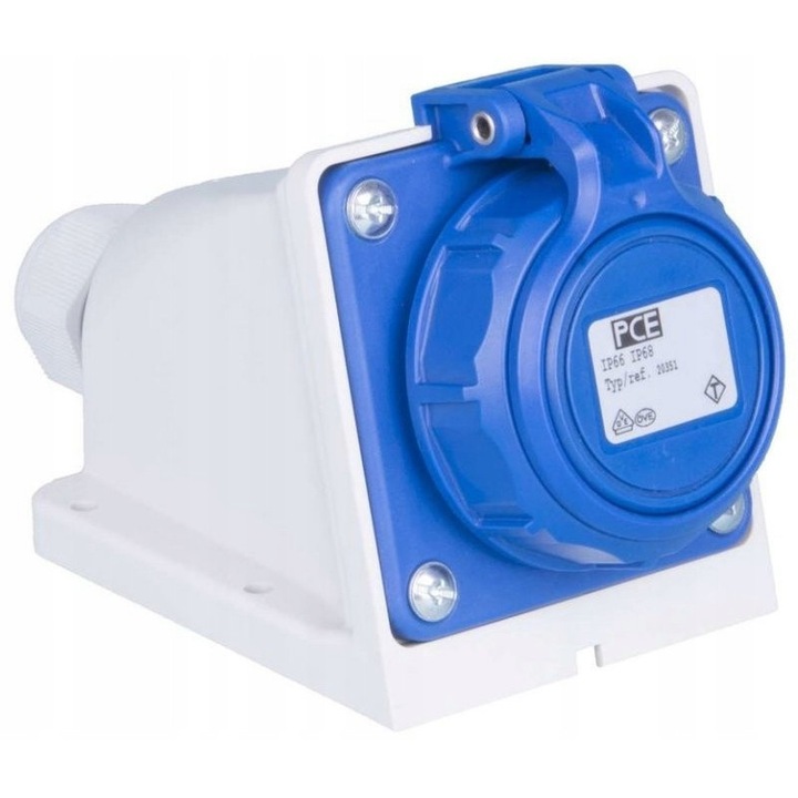 Priza fixa PCE Nautilus QY3ZLYR98IM, 2P+PE 16 A 230 V, IP68/IP67, capac rabatabil, albastru, fata 75x75 mm