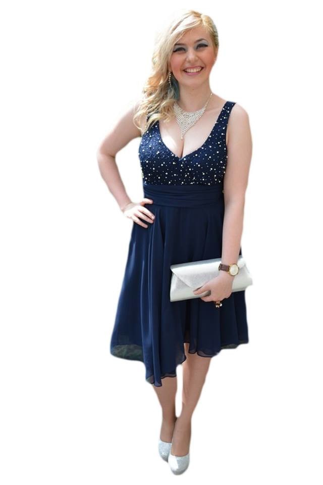 Rochie de ocazie, model scurt de gala, cu perle , D&J Exclusive, Albastru marin