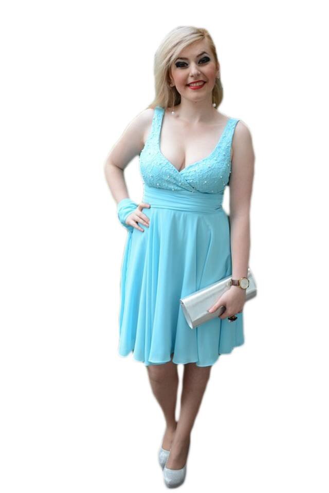Rochie de ocazie, model scurt de gala, cu perle , D&J Exclusive, Albastru