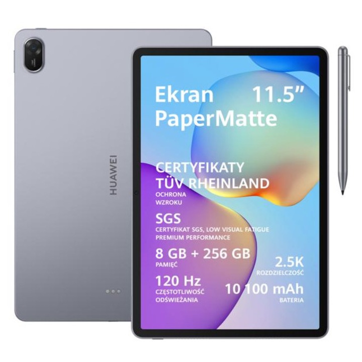 Tableta Huawei MatePad 11.5 2025 PaperMatte Edition (1504816), Wi‑Fi, ecran PaperMatte 11,5" 2456×1600 px 120 Hz, 8 GB RAM, 256 GB, baterie 10.000 mAh 40W, M-Pen Lite inclus, gri