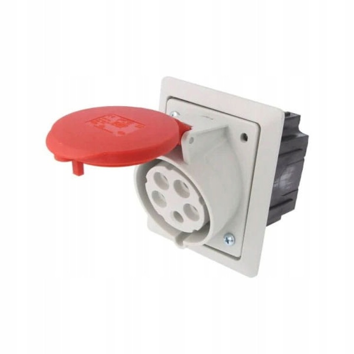 Priza industriala PCE 253CWI2ZHC4, 5 poli, 32 A, 400 V, IP44, unghiulara cu clapeta, gri/rosu, pentru montaj pe panou
