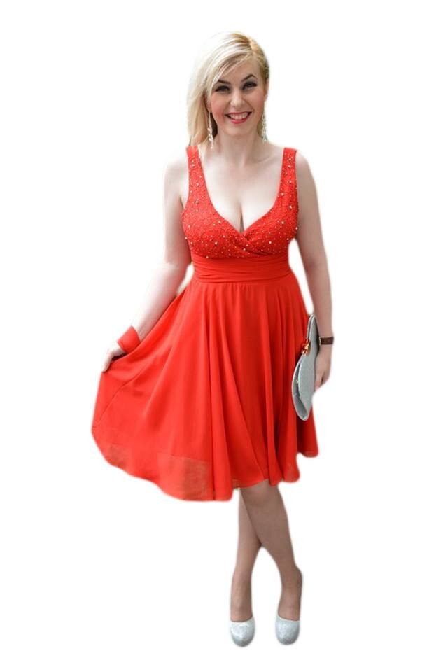 Rochie de ocazie, model scurt de gala, cu perle , D&J Exclusive, Rosu