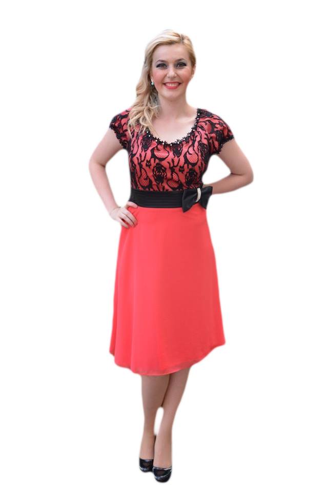 Rochie de seara midi, cu model din dantela , D&J Exclusive, Corai