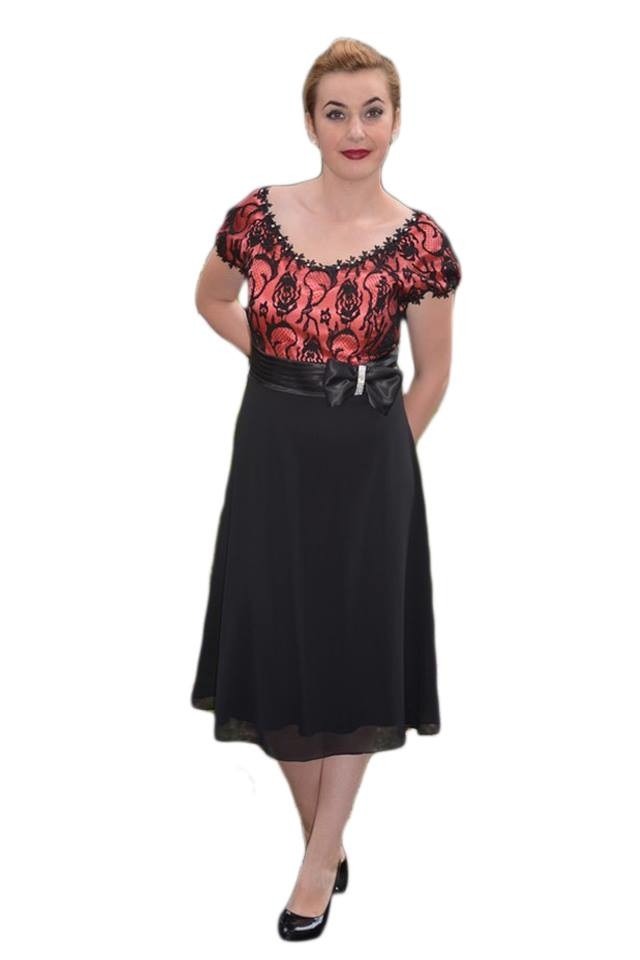 Rochie de seara midi, cu model din dantela , D&J Exclusive, Visiniu