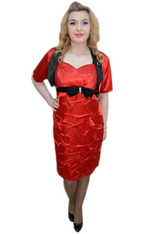Rochie eleganta de ocazie ,din saten lucios , D&J Exclusive, Rosu-Negru