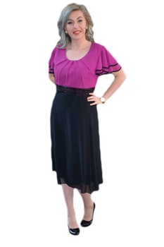 Rochie de seara cu maneca scurta si decolteu rotund, din voal , D&J Exclusive, Negru-Mov, 46 Rochie de seara cu maneca scurta si decolteu rotund, din voal , D&J Exclusive, Negru-Mov, 46