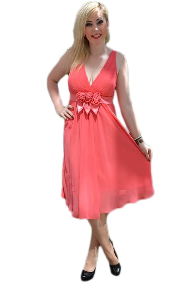 Rochie de seara , decolteu in V si croi evazat , D&J Exclusive, Corai