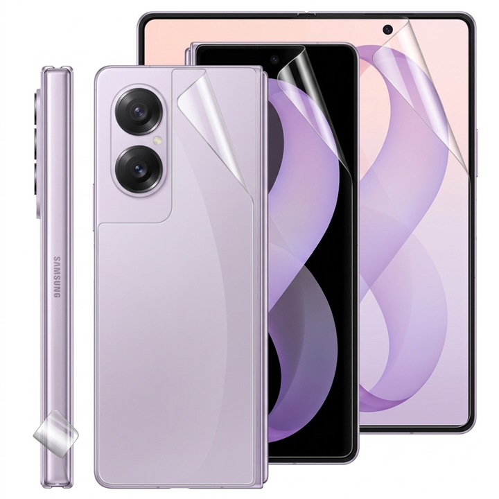 Komplett fólia szett főképernyőre, külső kijelzőre, hátlapra és SlideBar-ra, átlátszó, Samsung Galaxy Z Fold8-hoz, regenerálódó szilikon hidrogél, Flexible Hydro-Crystal, Optim Solution, Full Glue, egyszerű telepítés