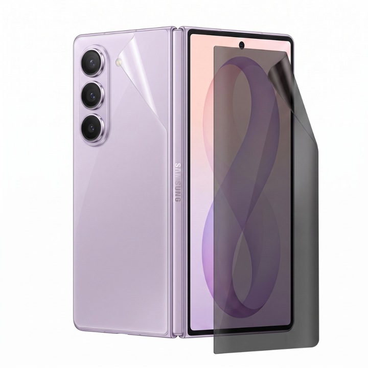 Adatvédelmi Külső Képernyő Védőfólia Készlet és Átlátszó Hátlap Fólia Samsung Galaxy Z Fold 8 Ultra készülékhez, Regenerálódó Szilikon Hidrogél, Rugalmas Hidro-Kristály, Optim Solution, Kémkedés Elleni, Teljes Ragasztás, Könnyű Telepítés