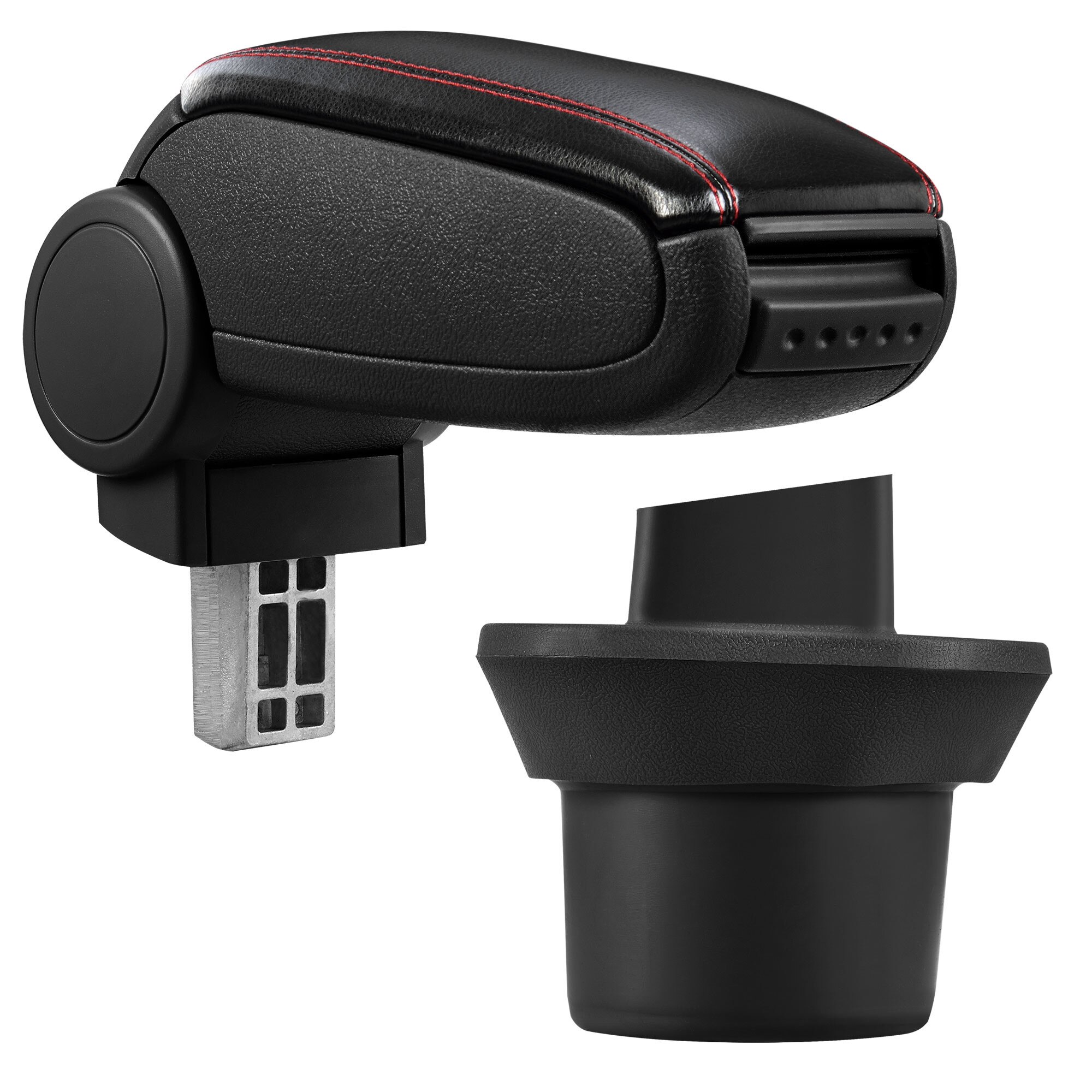 Cotiera auto, pro.tec, pentru BMW Mini R55 Clubman R56 Hatch R57 Cabrio, imitatie piele, negru cu cusatura rosie - cu compartiment pentru depozitare