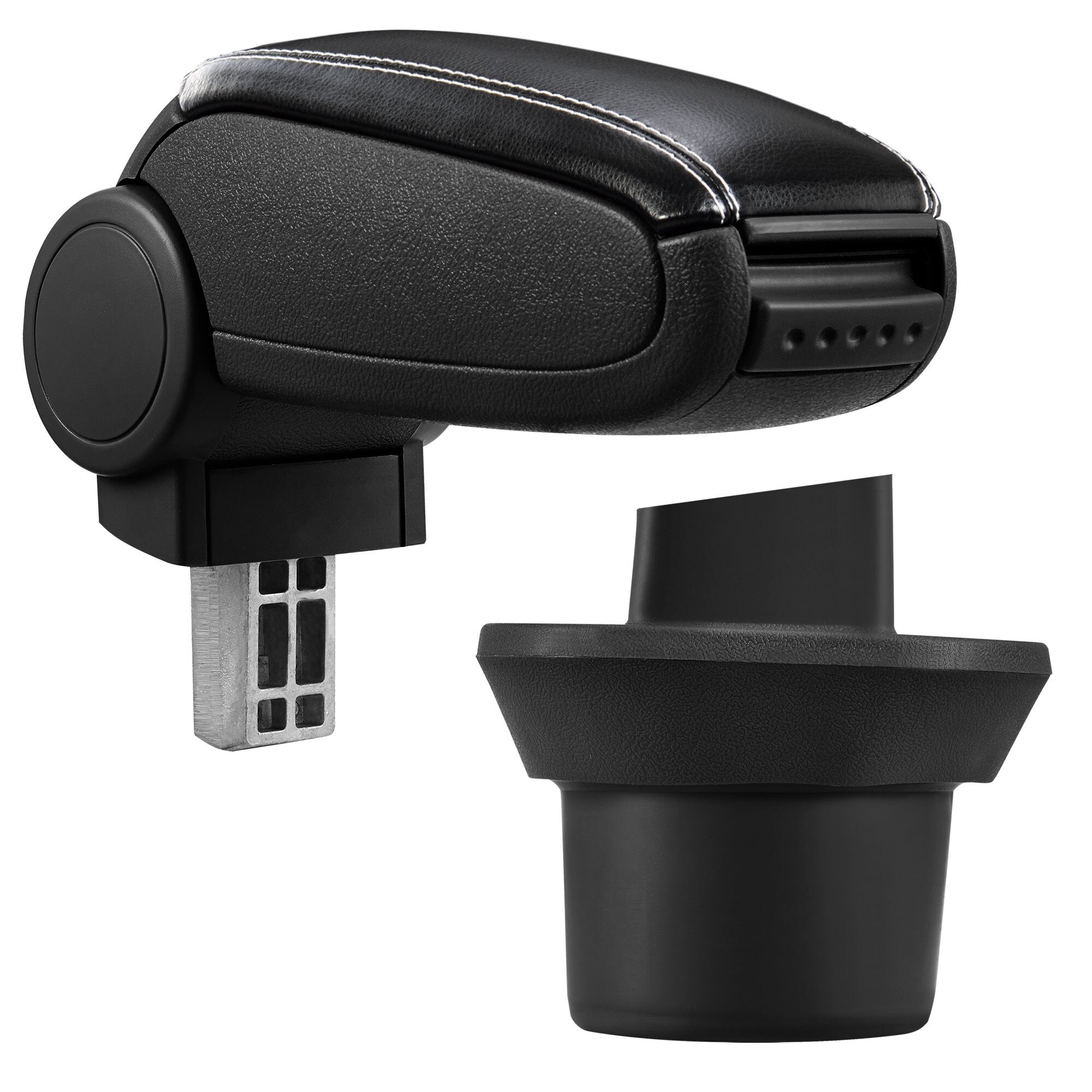 Cotiera auto, pro.tec, pentru BMW Mini 2 R55 Clubman R56 Hatch R57 Cabrio, imitatie piele, negru cu cusatura alba - cu compartiment pentru depozitare