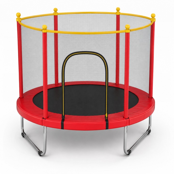 Rózsaszín-kék Gyermek Trambulin 140 x 125 cm, biztonsági hálóval, fémvázzal, beltéri és kültéri használatra, 3-6 év, piros
