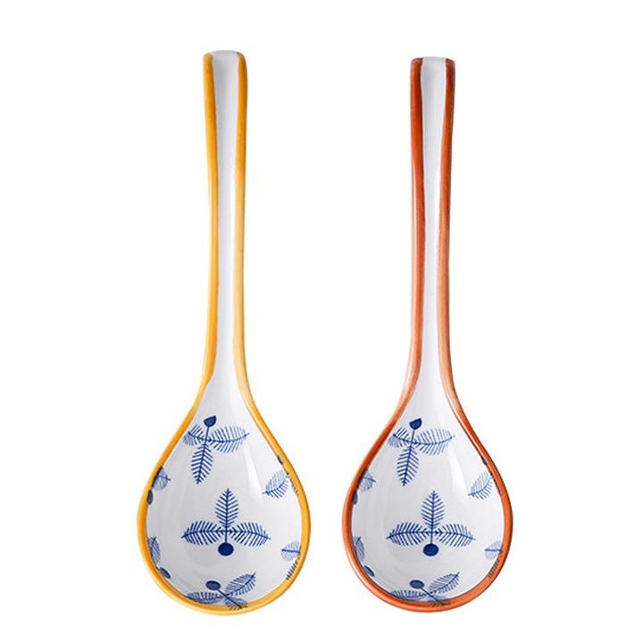 Set de 2 lingurite de supa din ceramica, seturi de lingurite de supa din portelan cu maner lung pentru taitei, wonton, galuste, orez