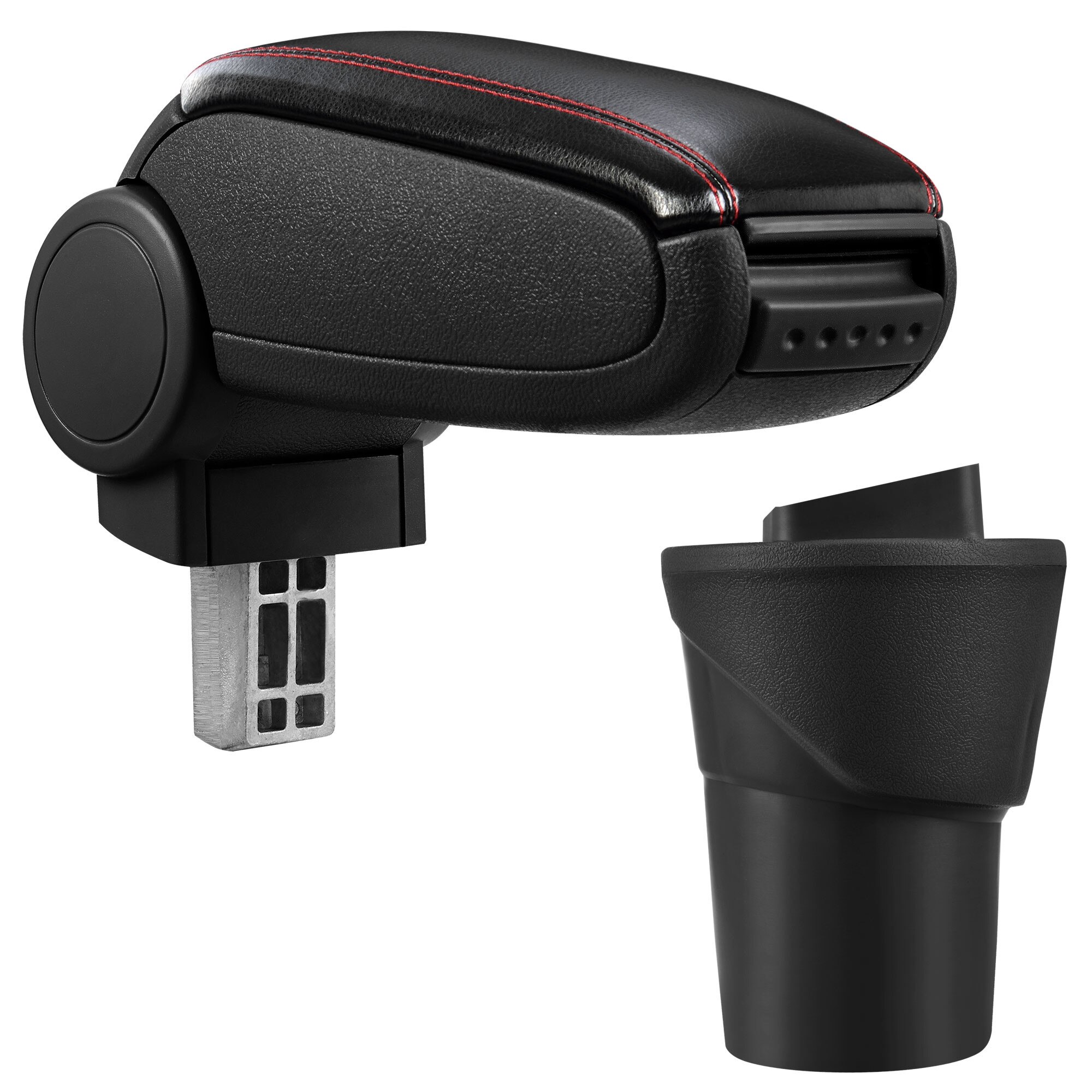 Cotiera auto, pro.tec, pentru Nissan Micra K13, imitatie piele, negru cu cusatura rosie - cu compartiment pentru depozitare