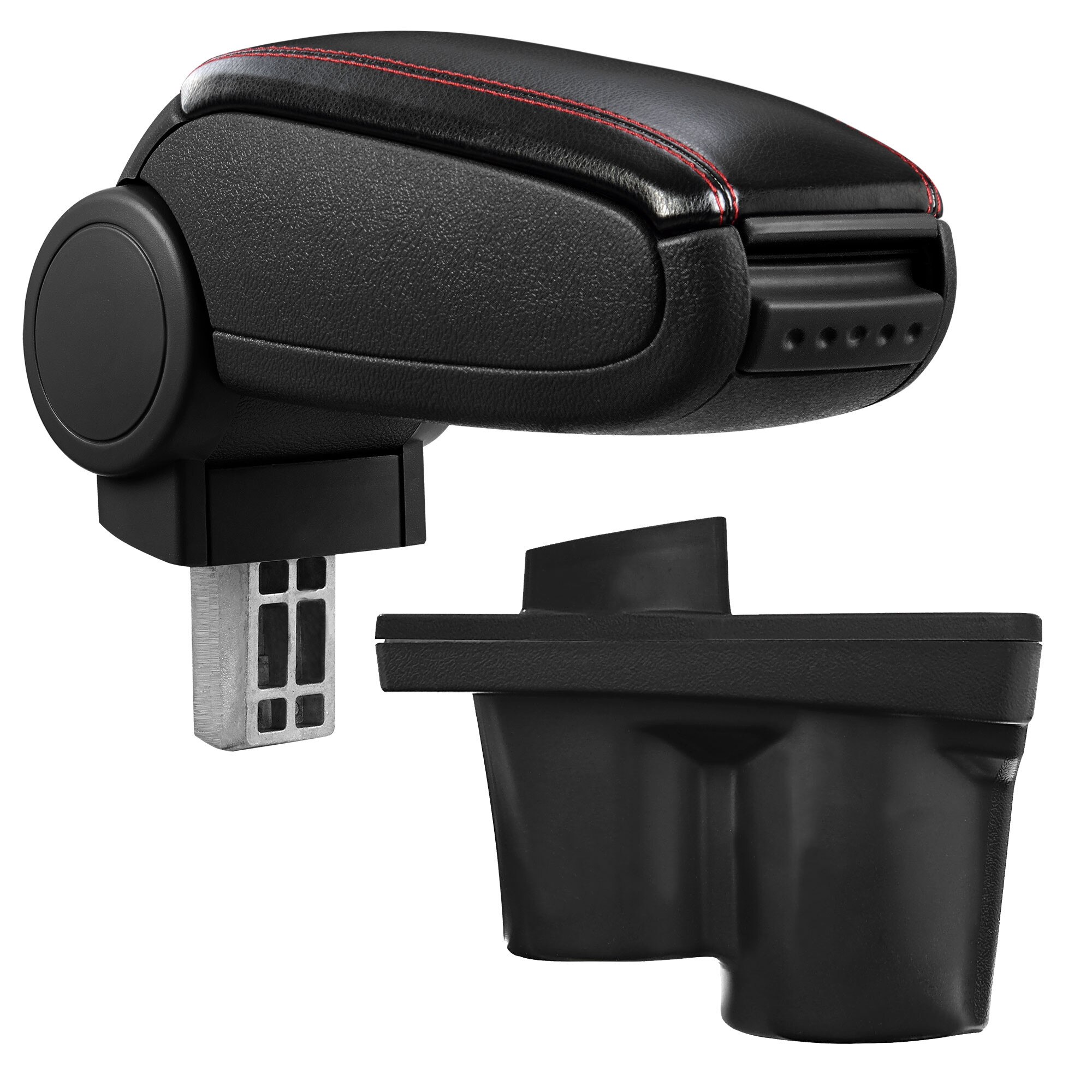 Cotiera auto, pro.tec, pentru Opel Adam, imitatie piele, negru cu cusatura rosie - cu compartiment pentru depozitare