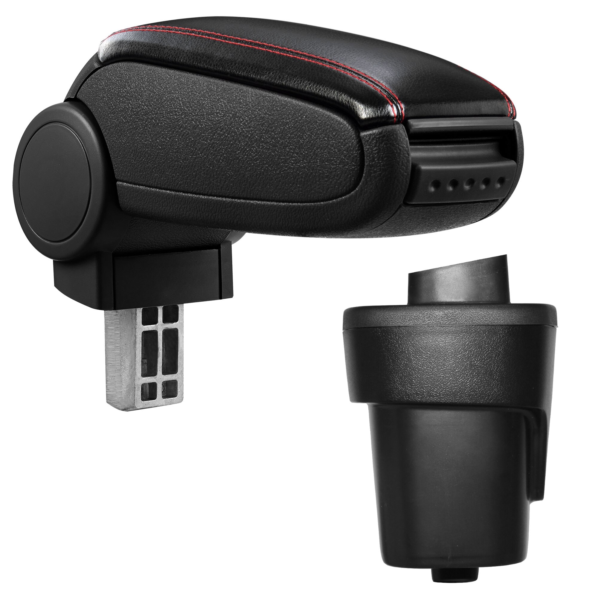 Cotiera auto, pro.tec, pentru Opel Karl, imitatie piele, negru cu cusatura rosie - cu compartiment pentru depozitare