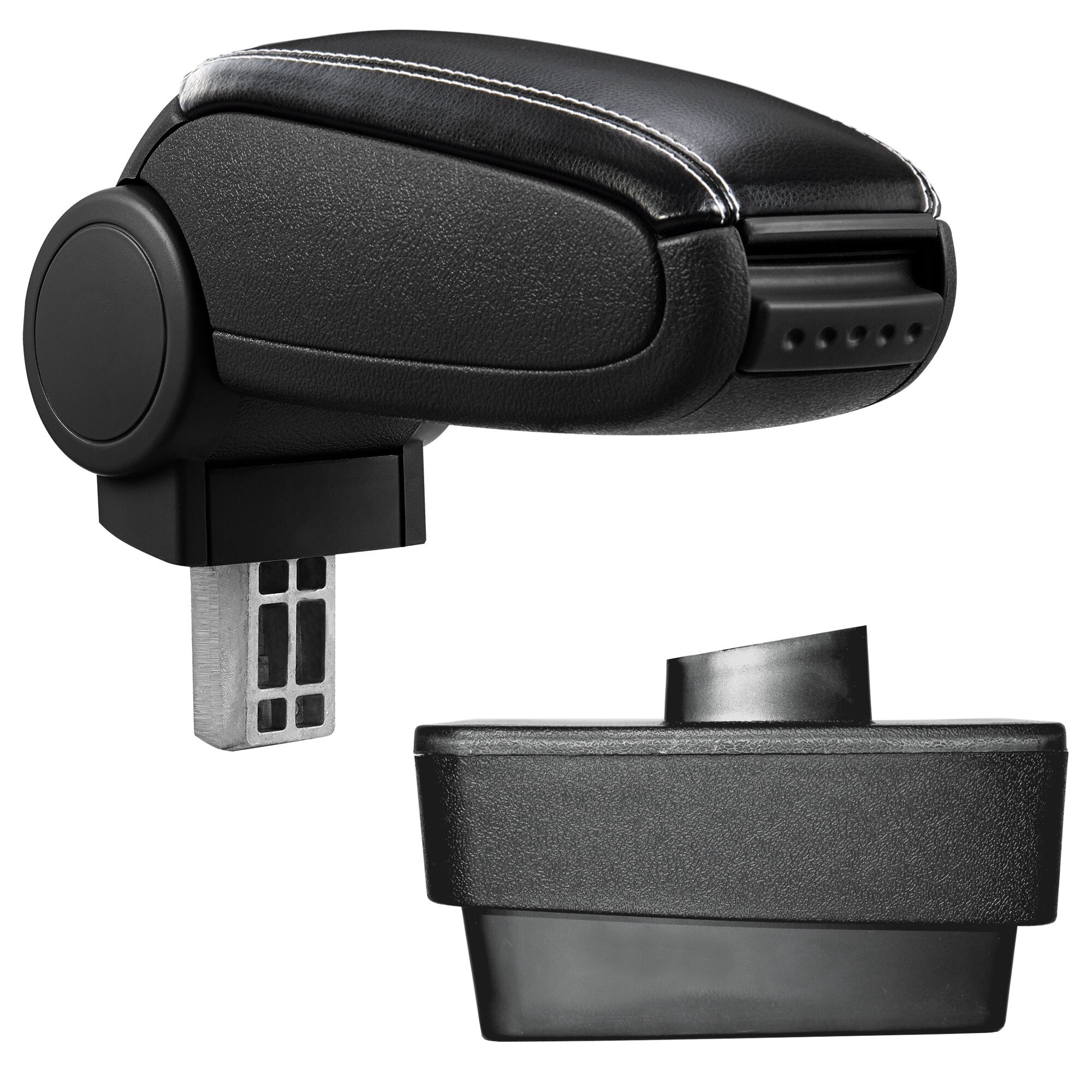 Cotiera auto, pro.tec, pentru Škoda Fabia III (NJ), imitatie piele, negru cu cusatura alba - cu compartiment pentru depozitare