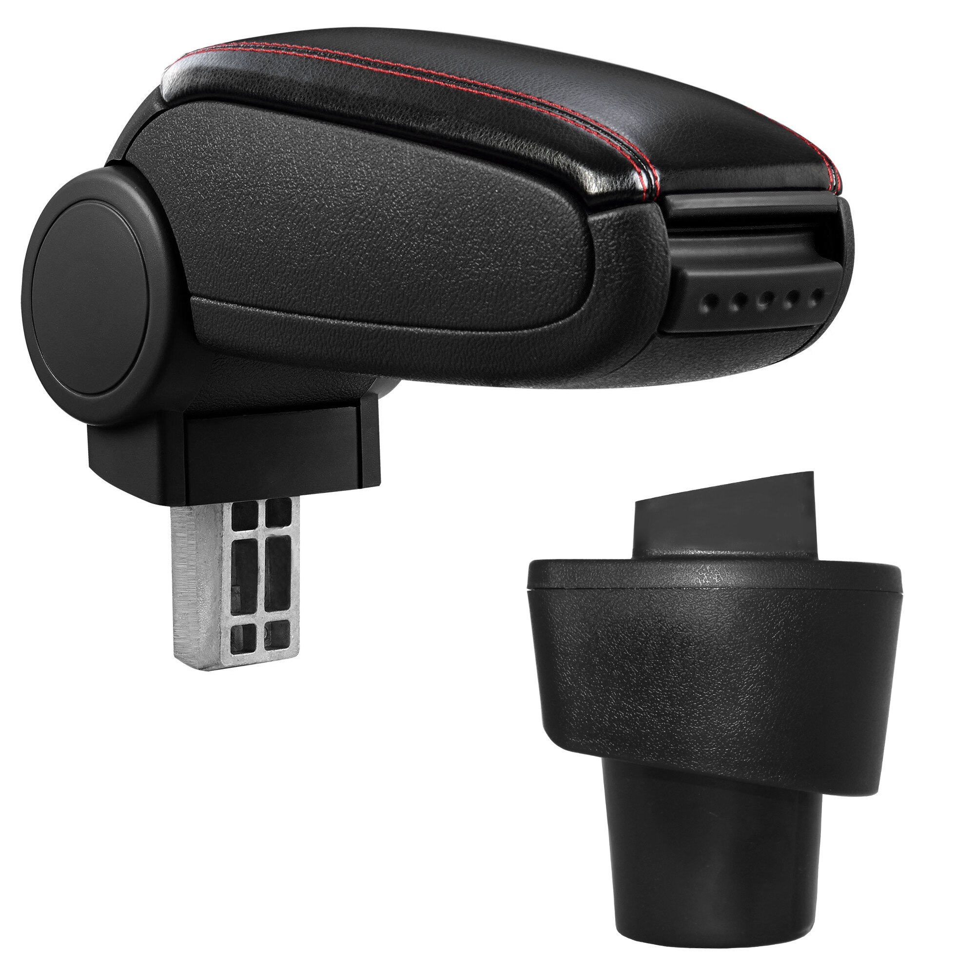 Cotiera auto, pro.tec, pentru Twingo 3, imitatie piele, negru cu cusatura rosie - cu compartiment pentru depozitare