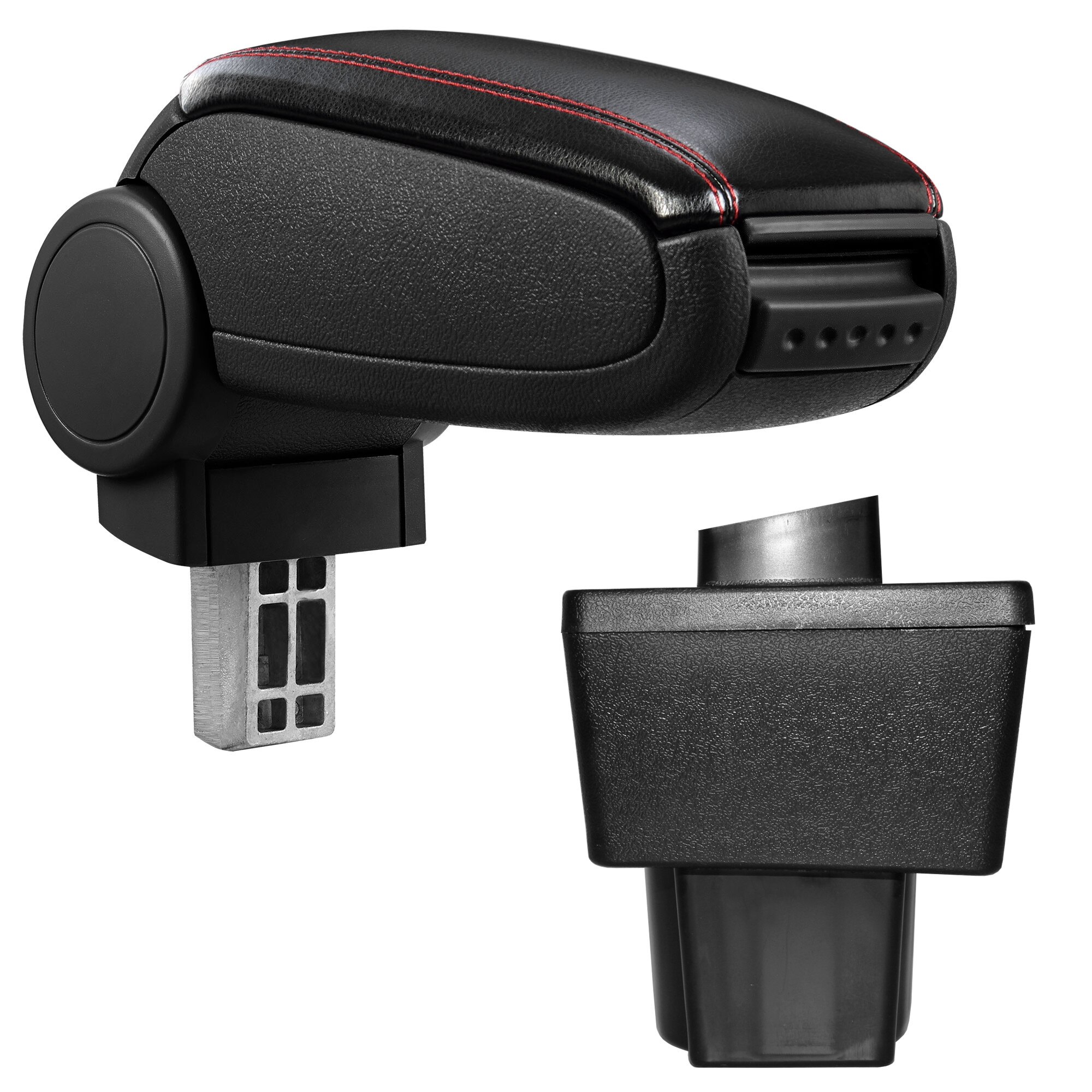 Cotiera auto, pro.tec, pentru Škoda Yeti, 1-es modell, imitatie piele, negru cu cusatura rosie - cu compartiment pentru depozitare