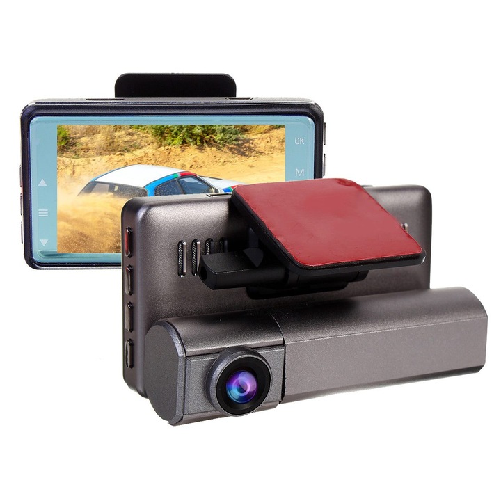 Camera auto DVR duala K0323-0806-CJ12506, 1080p fata/480p spate, ecran 3 inch, G-sensor, inregistrare in bucla, montare pe parbriz, gri