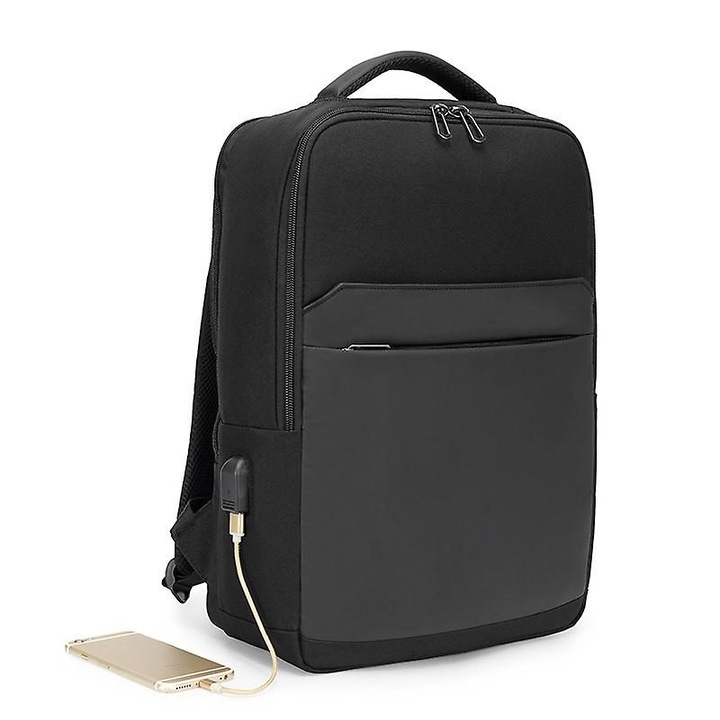 Rucsac laptop din poliester, cu port USB extern si buzunare multiple, compartiment captusit pentru laptop 15.6 inch, negru, 40 x 29 x 3 cm