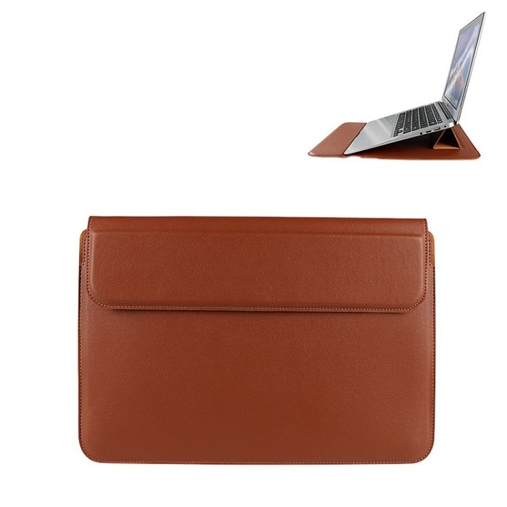 Husa pentru laptop din piele PU cu functie de stand, rezistenta la apa si la socuri, maro cognac, 14.1-15.4 inchi