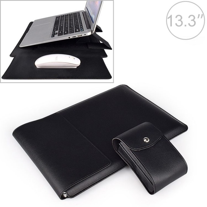 Husa convertibila pentru laptop K0403-emagCJ-32328, din PU cu textura de piele, cu suport triunghiular si husa mica pentru accesorii, negru, 13.3 inch