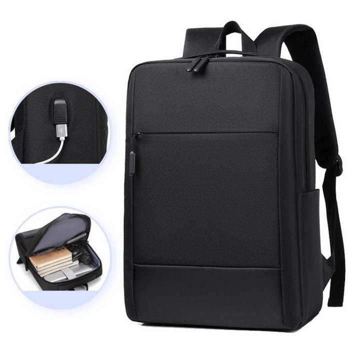 Rucsac din Oxford si poliester, capacitate mare, rezistent la apa, port USB, pentru laptop 16 inch, model K0403-emagCJ-30918, negru, 31 x 12 x 41 cm