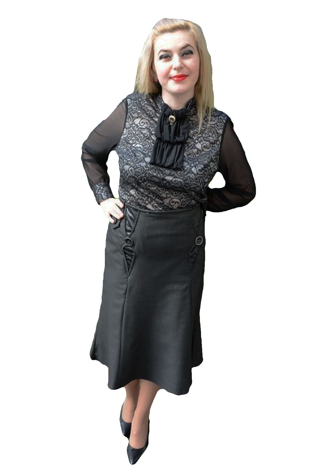 Fusta shic, lungime medie, dungi subtiri in material,masura mare,D&J Exclusive, Negru/Gri